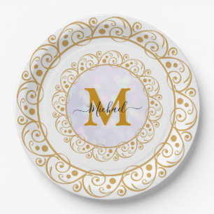 Plato De Papel Inicial y nombre elegantes con brillo dorado