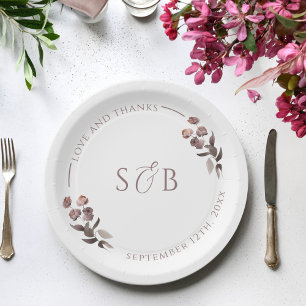 Plato De Papel Iniciales de Monograma Floral Púrpura para Boda