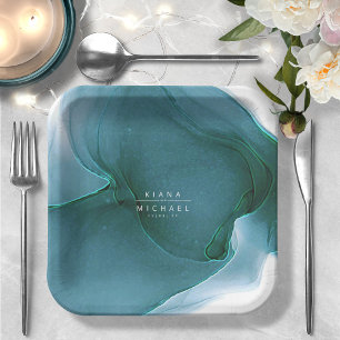Plato De Papel Ink Flow Wedding Teal ID762