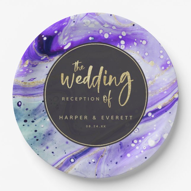 Plato De Papel Inky Splash Purple Marble con Boda Gold Luxe (Anverso)