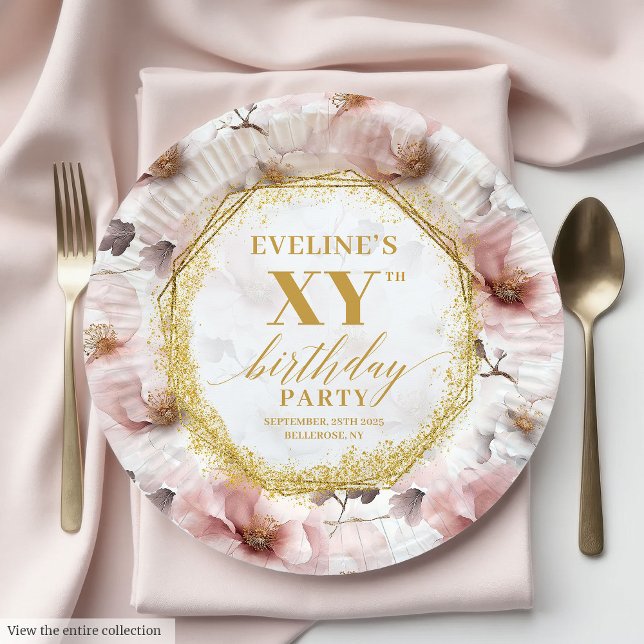 Plato De Papel Inspiring Blush Floral Gold  Birthday Paper Plates (Inspiring Blush Floral Gold  Birthday Paper Plates)