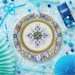 Plato De Papel Intrincado Motivo Floral de Patrón de Deruta Itali