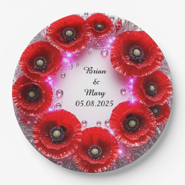 Plato De Papel Intrincado Ornament Floral Con Flores Rojas (Anverso)
