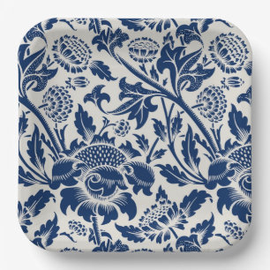 Plato De Papel Intrincado patrón floral azul sobre fondo claro