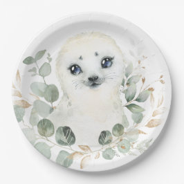 Plato De Papel Invierno Bebé Sello Verde Dorado Cumpleaños