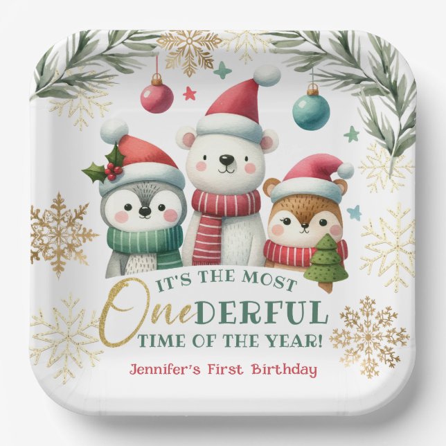 Plato De Papel Invierno Boho Boho Nieve Animales 1er cumpleaños (Anverso)