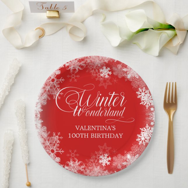 Plato De Papel Invierno de cumpleaños 100 Wonderland Snowflake Re (Boda)