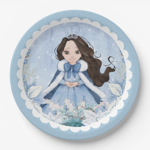 Plato De Papel Invierno de nieve Negro Haired Princess Birthday