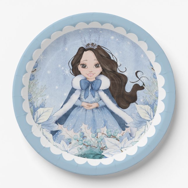 Plato De Papel Invierno de nieve Negro Haired Princess Birthday (Anverso)
