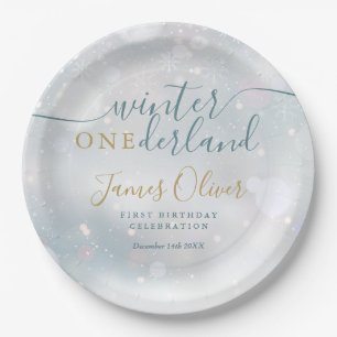 Plato De Papel Invierno De Oro Y Azul De Primer Cumpleaños