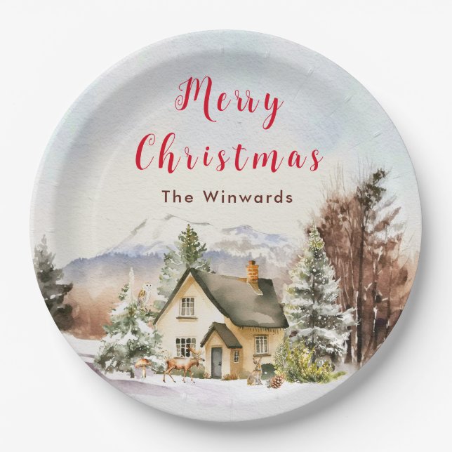 Plato De Papel Invierno Holiday Cottage Feliz Navidad (Anverso)