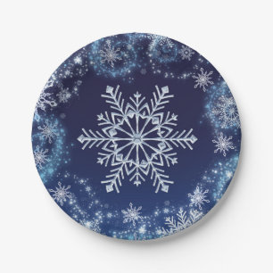 Plato De Papel Invierno Mágico Copos de Nieve Azules y Blancos co