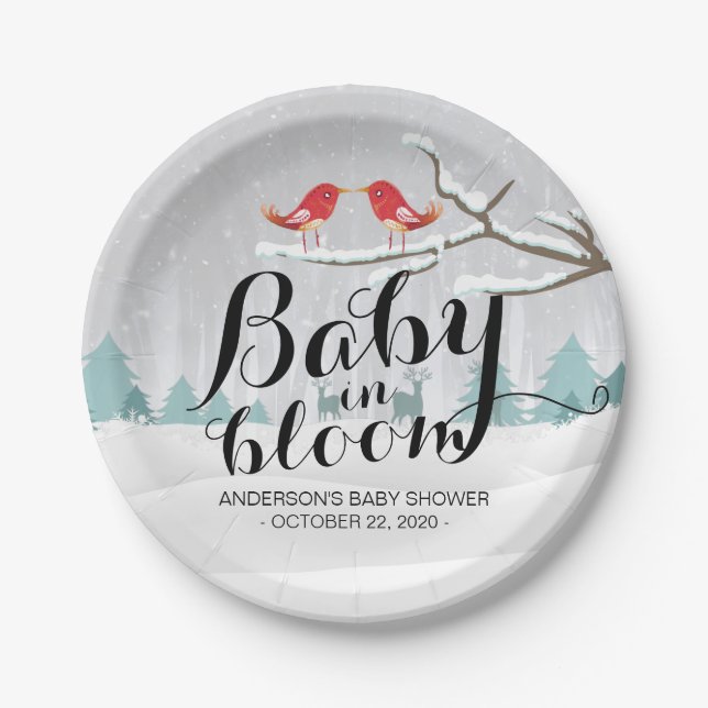 Plato De Papel Invierno moderno Baby Shower bebe en escena de nie (Anverso)