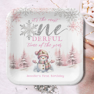 Plato De Papel Invierno Navidades Chicas Pink ONEderland Primer c