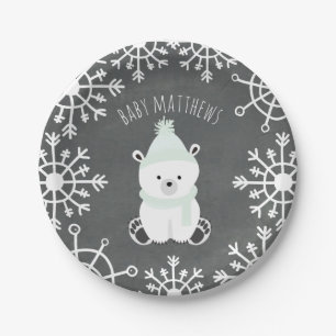 Plato De Papel Invierno neutral Baby Shower del oso polar