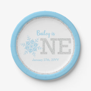 Plato De Papel Invierno Onederland Blue Silver Primer cumpleaños