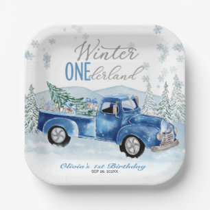 Plato De Papel Invierno Onederland Camión Azul Primer Cumpleaños