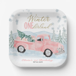 Plato De Papel Invierno Onederland Camión Rosa Primer Cumpleaños