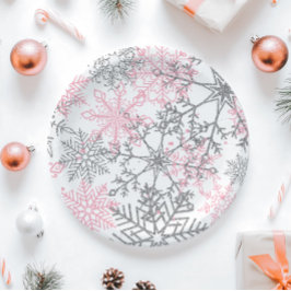 Plato De Papel Invierno Onederland Copo de nieve plateado rosa