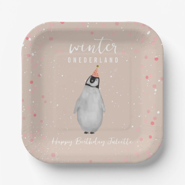 Plato De Papel Invierno Onederland Pink Birthday Penguin Birthday (Anverso)
