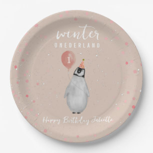 Plato De Papel Invierno Onederland Pink Penguin Balloon Cumpleaño