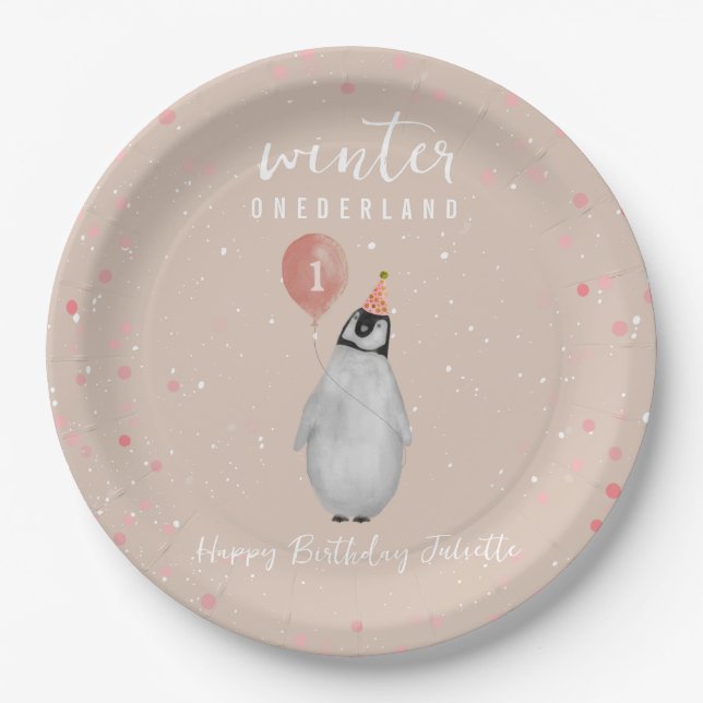 Plato De Papel Invierno Onederland Pink Penguin Balloon Cumpleaño (Anverso)