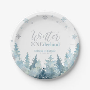 Plato De Papel Invierno Onederland Plateado y Azul Cumpleaños 1