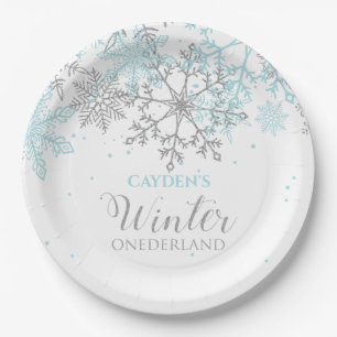 Plato De Papel Invierno Onederland primer cumpleaños azul y plata