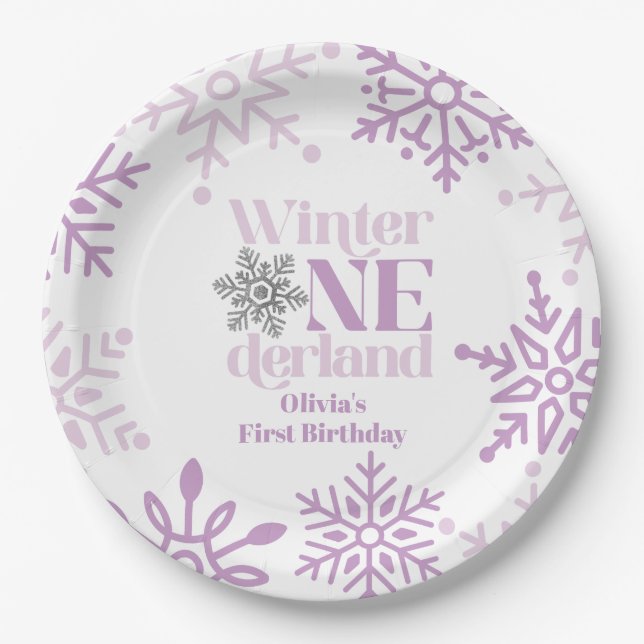 Plato De Papel Invierno Onederland Purple Snowflake Primer cumple (Anverso)