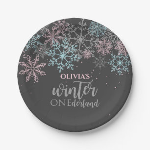 Plato De Papel Invierno Onederland rosa azul purpurina