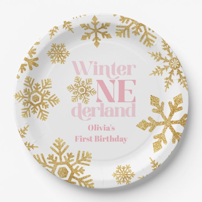 Plato De Papel Invierno Oro Rosado Oro Oro Onederland Primer cump (Anverso)
