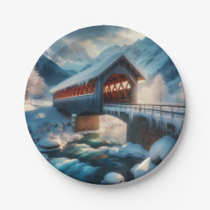 Plato De Papel Invierno, puente cubierto de nieve y río