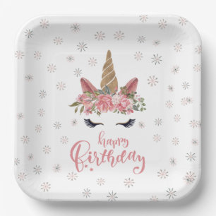 Plato De Papel Invierno Unicorn Pink Happy Birday