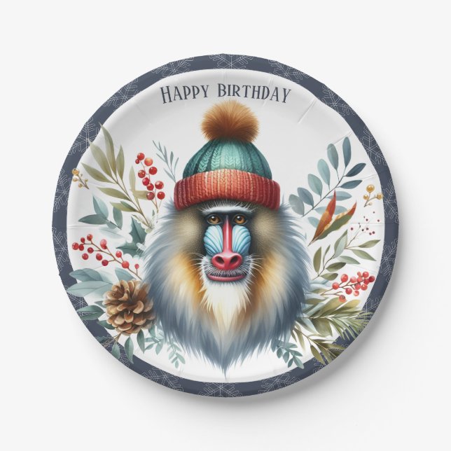 Plato De Papel Invierno Vibes Mandrill - Cumpleaños (Anverso)