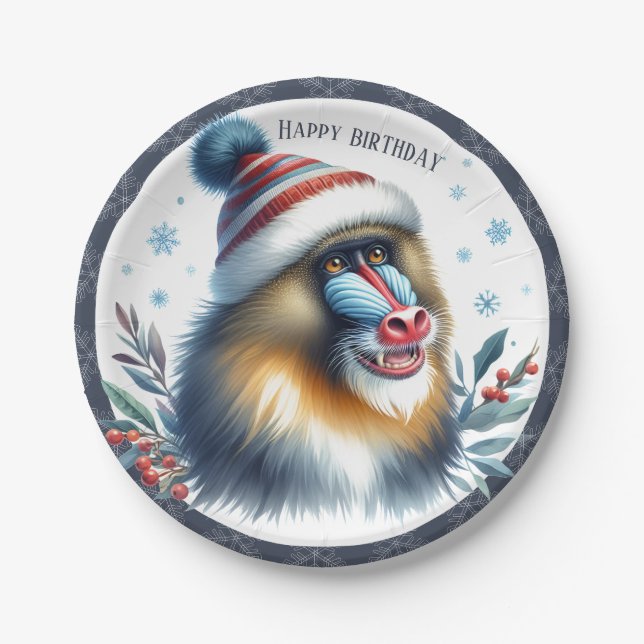 Plato De Papel Invierno Vibes Mandrill - Cumpleaños (Anverso)