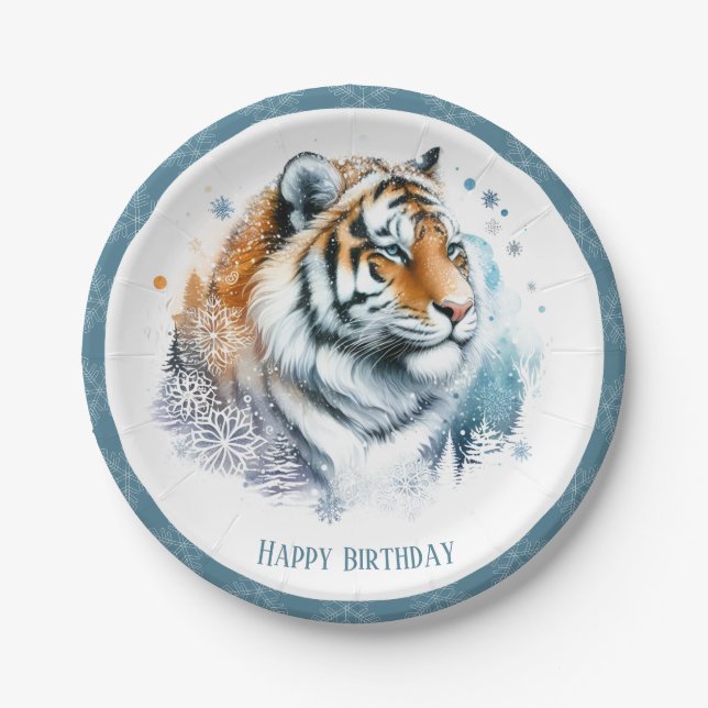 Plato De Papel Invierno Vibes Paisaje Snowy Tigre Cumpleaños (Anverso)