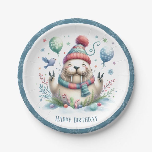 Plato De Papel Invierno Vibes Snowflakes Walrus Cumpleaños (Anverso)