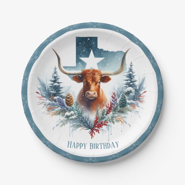 Plato De Papel Invierno Vibes Texas Longhorn Cumpleaños (Anverso)