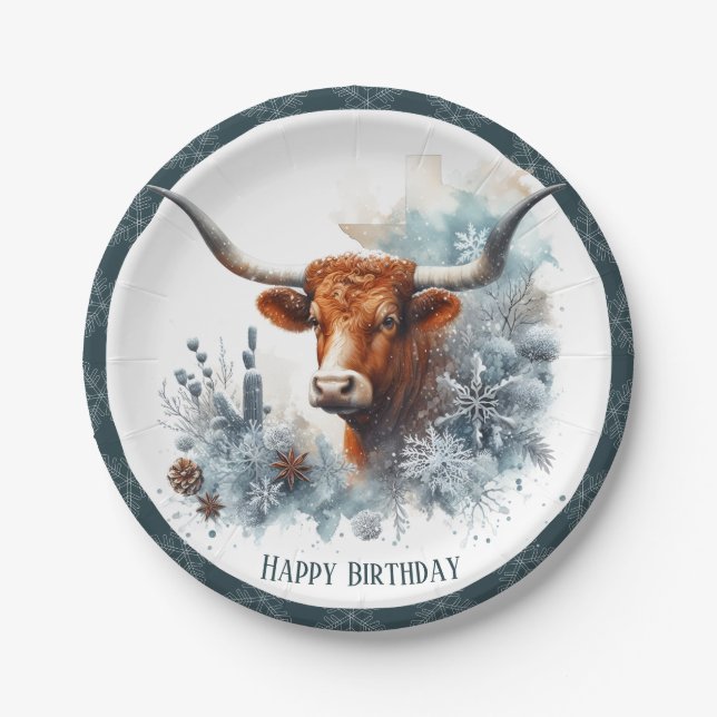 Plato De Papel Invierno Vibes Texas Longhorn Cumpleaños (Anverso)