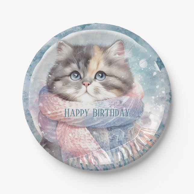 Plato De Papel Invierno vibra un gato con un cumpleaños aterrador (Anverso)