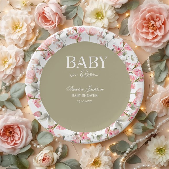 Plato De Papel Invitación a Baby Shower de Sage Green Baby Bloom (Subido por el creador)