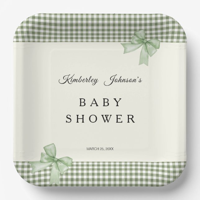 Plato De Papel Invitación a Baby Shower de Sage Green Gingham y B (Anverso)