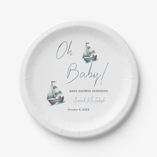 Plato De Papel Invitación a Baby Shower en barco náutico (Anverso)