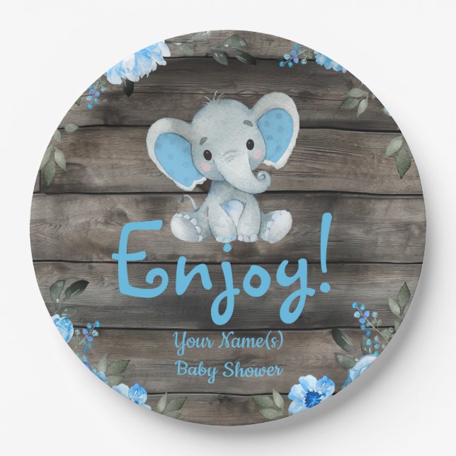 Plato De Papel Invitación a Baby Shower para Elefantes Azules, mu (Anverso)