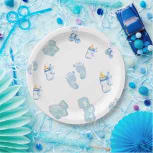 Plato De Papel Invitación a la ducha de bebé de jean azul
