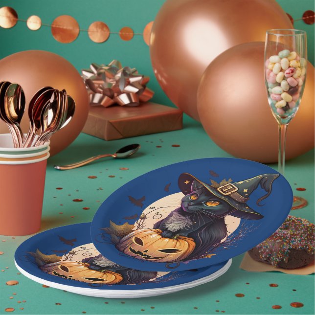 Plato De Papel Invitación a la fiesta de Halloween de un gato neg (Multi)