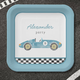 Plato De Papel Invitación al cumpleaños del coche de carrera azul
