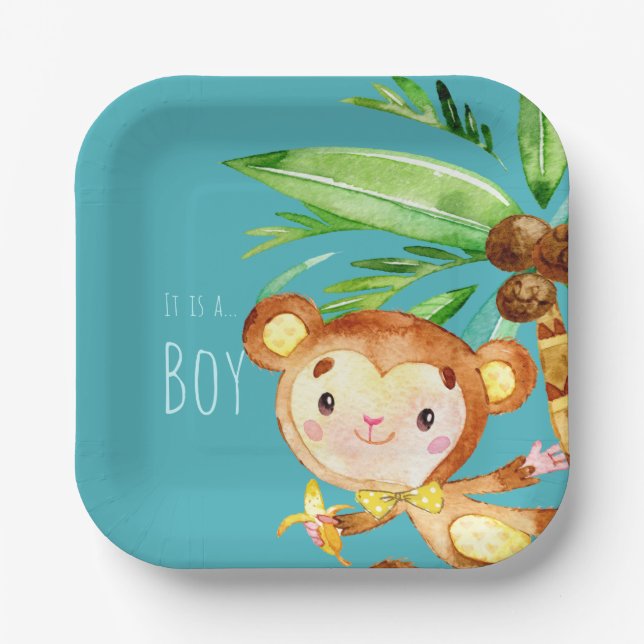 Plato De Papel Invitación Blue Cute Monkey Baby Boy (Anverso)