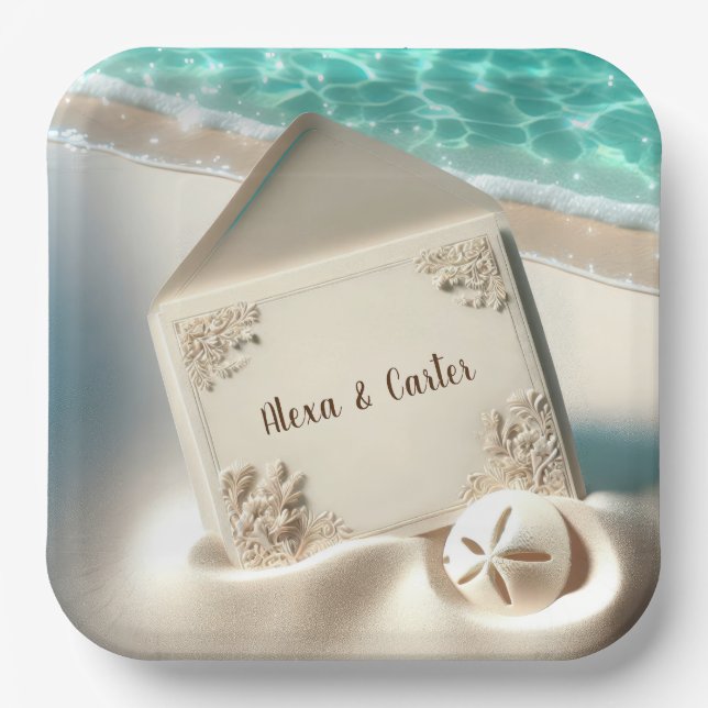 Plato De Papel Invitación de boda tropical en una playa (Anverso)