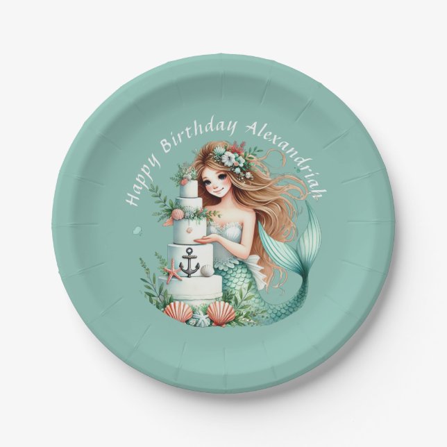 Plato De Papel Invitación de cumpleaños a la sirena Verde azulada (Anverso)
